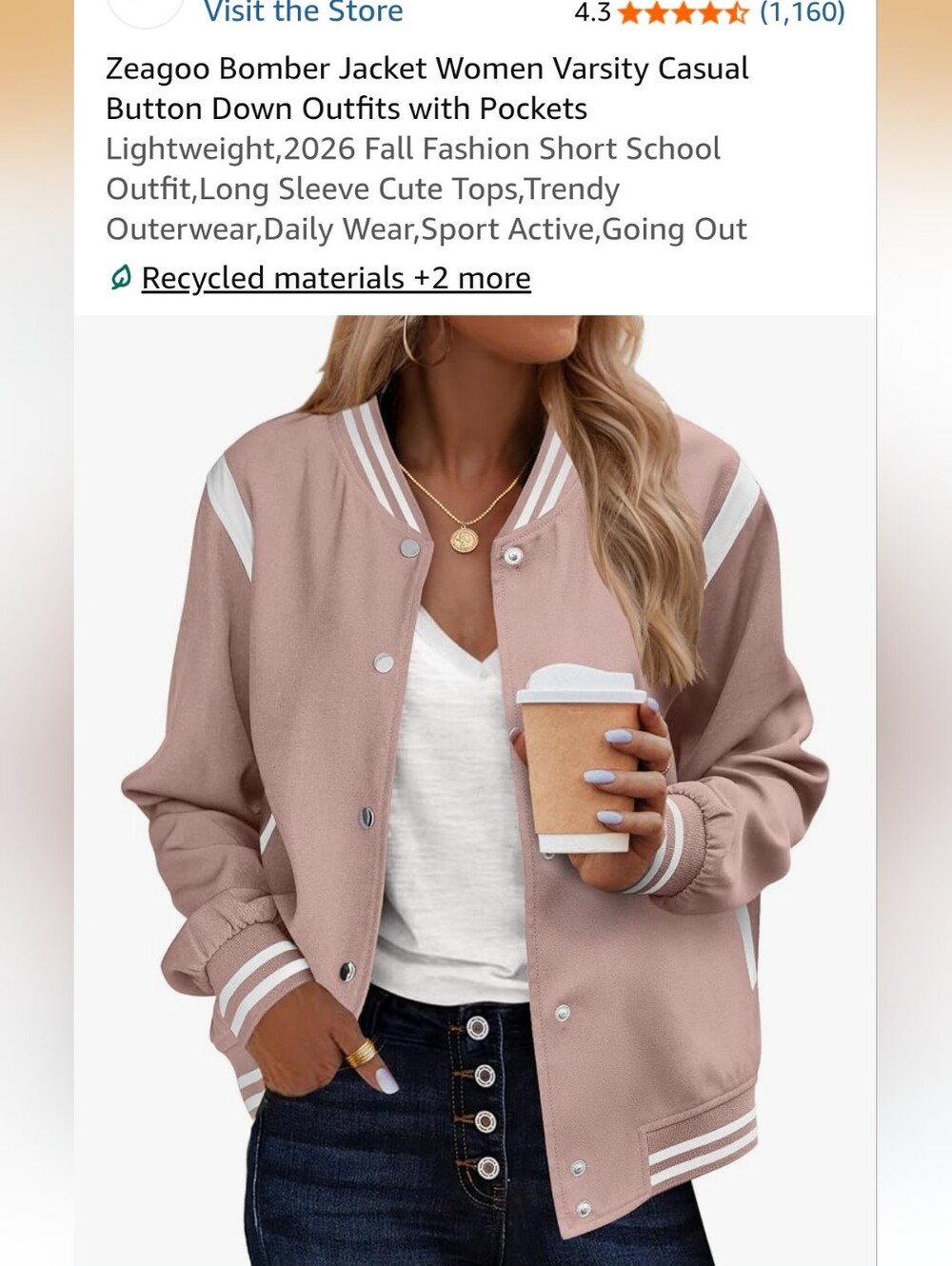 Classic Pink Varsity Jacket - Women's Lightweight Bomber Medium